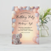 Invitation Fête d'anniversaire Éléphant Bébé et Ballons (Debout devant)