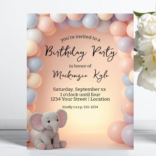 Invitation Fête d'anniversaire Éléphant Bébé et Ballons
