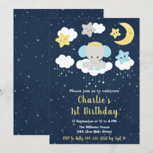 Invitation Fête d'anniversaire éléphant jaune et bleu marine