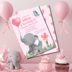 Invitation Fête d'anniversaire éléphant mignon avec ballon