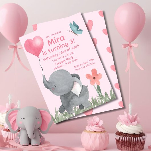 Invitation Fête d'anniversaire éléphant mignon avec ballon 