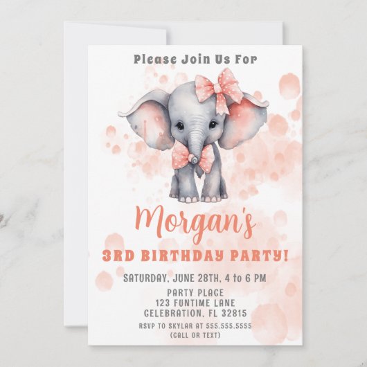 Invitation Fête d'anniversaire éléphant mignon pêche (Devant)
