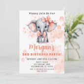 Invitation Fête d'anniversaire éléphant mignon pêche (Debout devant)