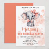 Invitation Fête d'anniversaire éléphant mignon pêche (Devant / Derrière)