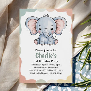 Invitation Fête d'anniversaire éléphant vert mignon pour enfa