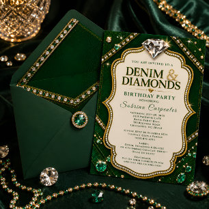 Invitation Fête d'anniversaire Emerald Gold Denim & Diamonds