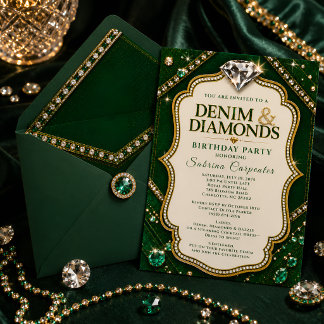 Invitation Fête d'anniversaire Emerald Gold Denim & Diamonds