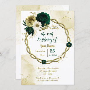 Invitation Fête d'anniversaire Emerald green ivoire or wreath