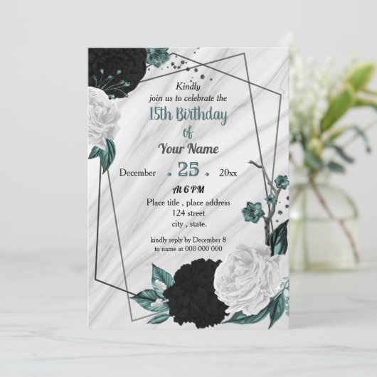 Invitation Fête d'anniversaire en bleu turquoise noir (Debout devant)