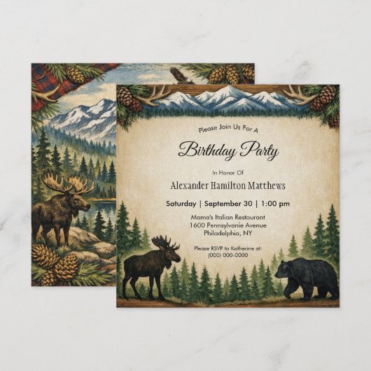 Invitation Fête d'anniversaire en forêt rustique (Devant / Derrière)