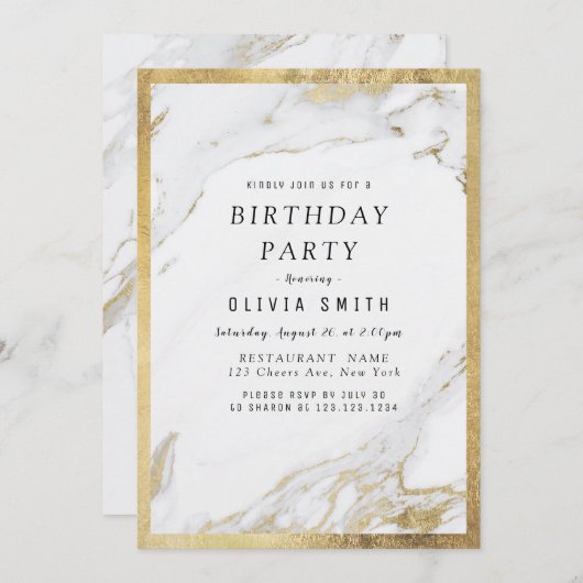 Invitation Fête d'anniversaire en marbre doré faux moderne (Devant / Derrière)