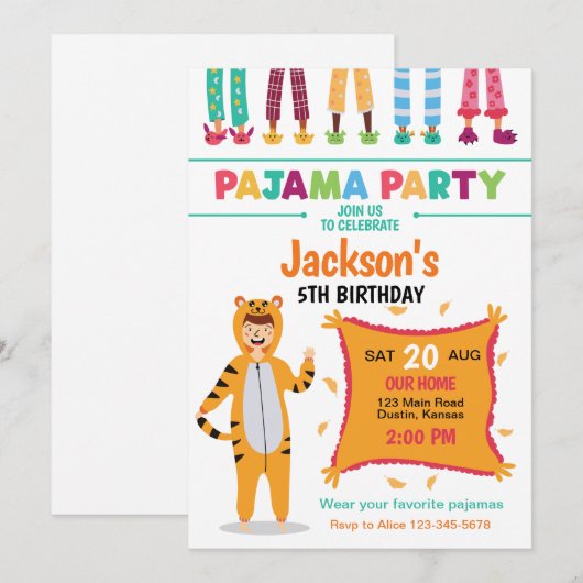 Invitation Fête d'anniversaire en pyjama (Devant / Derrière)