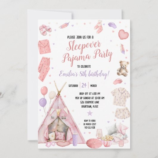 Invitation Fête d'anniversaire en pyjama avec nuitée (Devant)