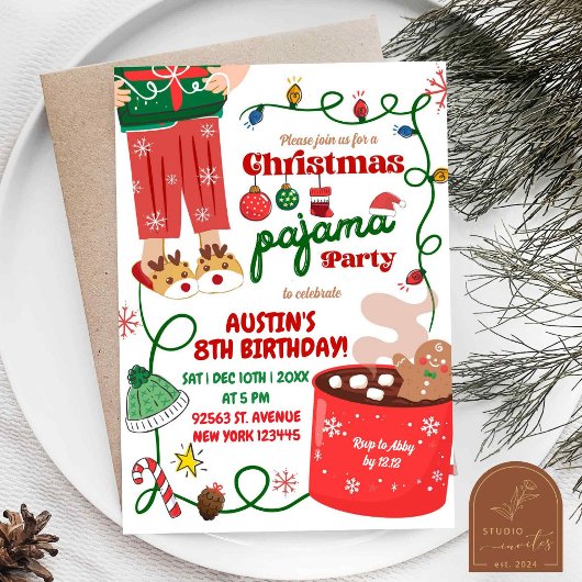Invitation Fête d'anniversaire en pyjama de Noël