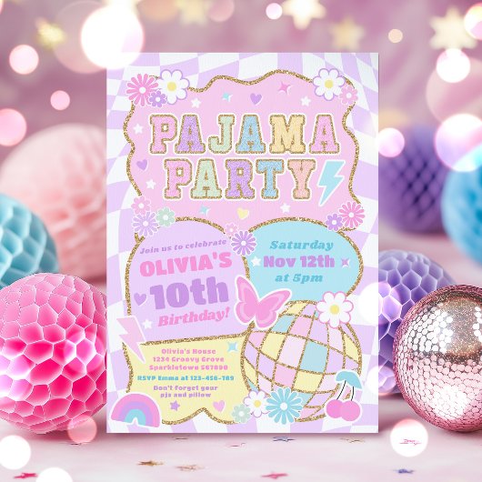 Invitation Fête d'anniversaire en pyjama Patch Varsity Prépa
