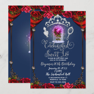 Invitation Fête d'anniversaire Enchantée Rose Rouge Beauté Sw