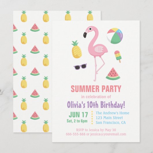 Invitation Fête d'anniversaire enfant Flamant Rose Pastèque A (Devant / Derrière)