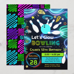 Invitation Fête d'anniversaire enfant Glow Bowling Neon Color