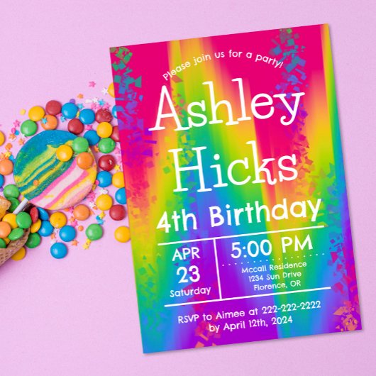 Invitation Fête d'anniversaire enfant Groovy Rainbow Tie Dye