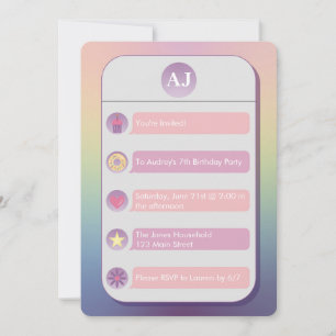 Invitation Fête d'anniversaire enfant téléphone rose et viole