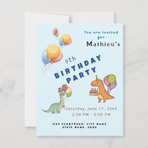 Invitation Fête d'anniversaire enfants dinosaure dino bleu dr