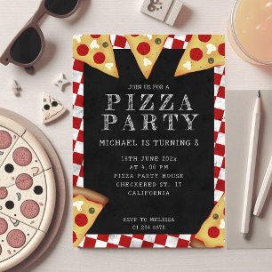 Invitation Fête d'anniversaire enfants pizza motif carreaux r