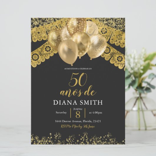 Invitation Fête d'anniversaire espagnole mexicaine noire et o (Debout devant)