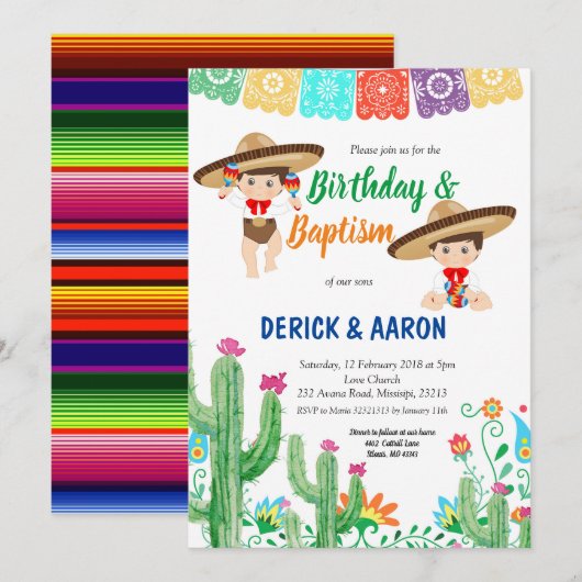 Invitation Fête d'anniversaire et baptême pour les garçons ju (Devant / Derrière)