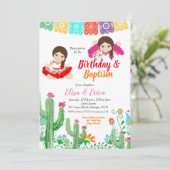 Invitation Fête d'anniversaire et baptême pour les jumelles (Debout devant)