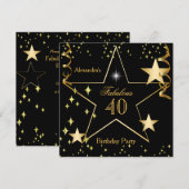 Invitation Fête d'anniversaire étoilée noire dorée fabuleuse (Devant / Derrière)