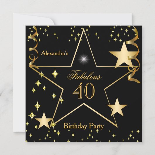 Invitation Fête d'anniversaire étoilée noire dorée fabuleuse (Devant)