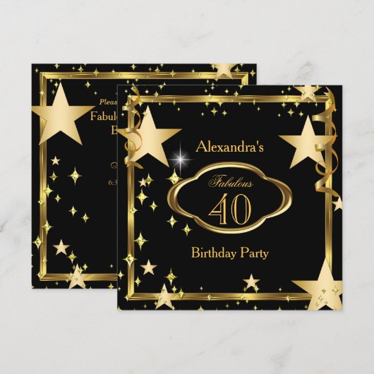 Invitation Fête d'anniversaire étoilée noire dorée fabuleuse  (Devant / Derrière)