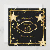 Invitation Fête d'anniversaire étoilée noire dorée fabuleuse  (Devant)