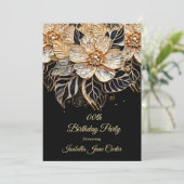 Invitation Fête d'anniversaire exotique Floral beige or noir (Debout devant)