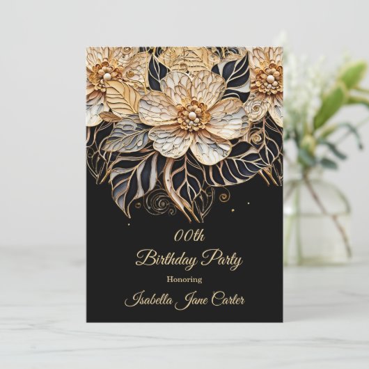 Invitation Fête d'anniversaire exotique Floral beige or noir (Debout devant)