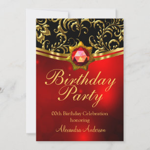 Invitation Fête d'anniversaire exotique rouge noir or damas