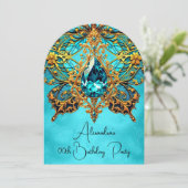 Invitation Fête d'anniversaire exotique Turquoise Bijou d'or  (Debout devant)