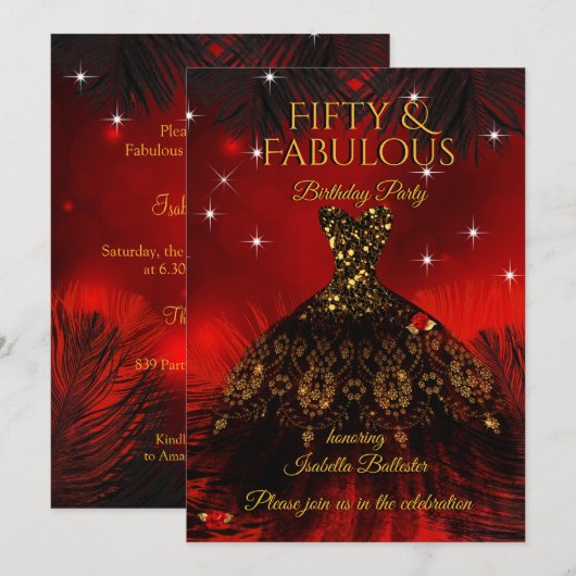 Invitation Fête d'anniversaire fabuleuse à 50 ans Robe rouge (Devant / Derrière)