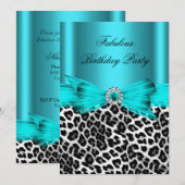 Invitation Fête d'anniversaire fabuleuse bleu cyan de léopard (Devant / Derrière)