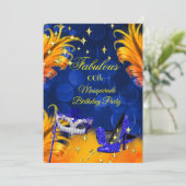 Invitation Fête d'anniversaire fabuleuse masquée bleu jaune (Debout devant)