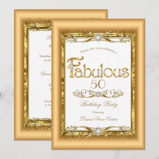 Invitation Fête d'anniversaire fabuleuse or blanc diamant (Devant / Derrière)