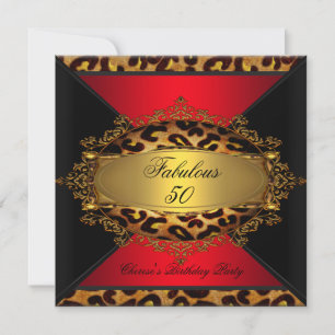 Invitation Fête d'anniversaire fabuleuse rouge or noir léopar