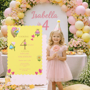 Invitation Fête d'anniversaire fantaisiste fleurs jaunes 4 an
