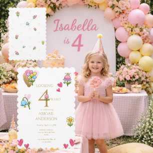 Invitation Fête d'anniversaire fantaisiste florale 4 ans