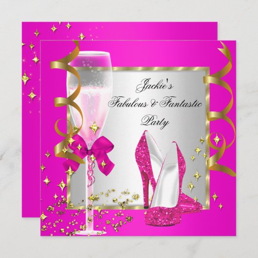 Invitation Fête d'anniversaire féminine en argent rose chaud (Devant / Derrière)