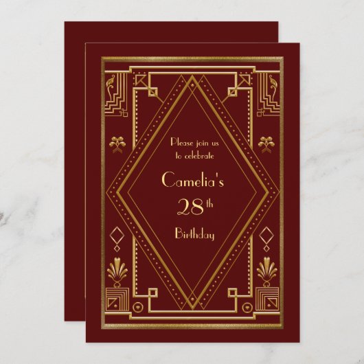 Invitation fête d'anniversaire femme, grand Gatsby (Devant / Derrière)