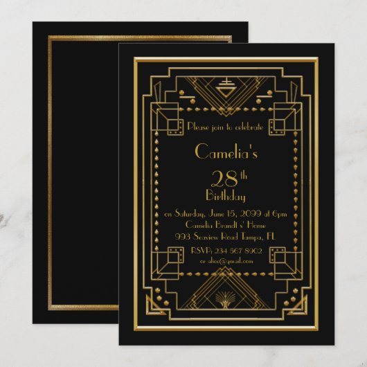 Invitation fête d'anniversaire femme, grand Gatsby (Devant / Derrière)