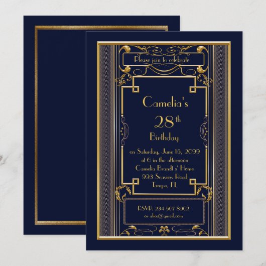Invitation fête d'anniversaire femme, grand Gatsby (Devant / Derrière)