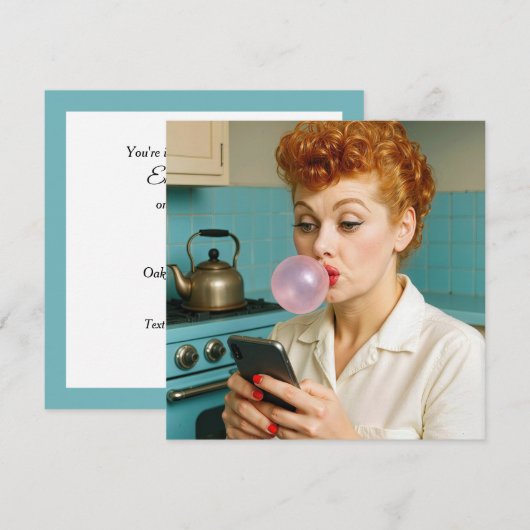 Invitation Fête d'anniversaire Femme rétro envoyant un texto (Devant / Derrière)