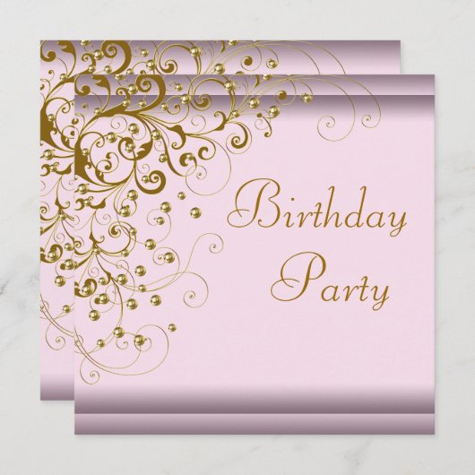 Invitation Fête d'anniversaire femme rose or tourbillon perle (Devant / Derrière)